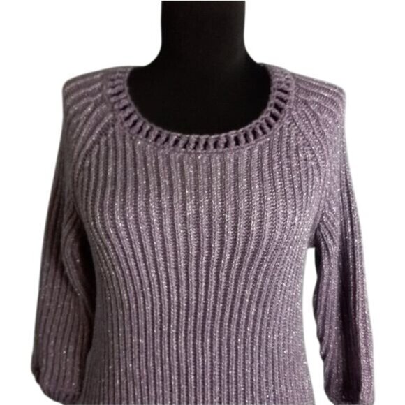 Chicos Size 1 M 8 Purple Metallic Knit Sweater Scoop Neck 3/4 Sleeves Ribbed - Picture 2 of 10